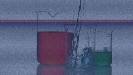 animation of screen with glitch over liquid pouring into chemical glass