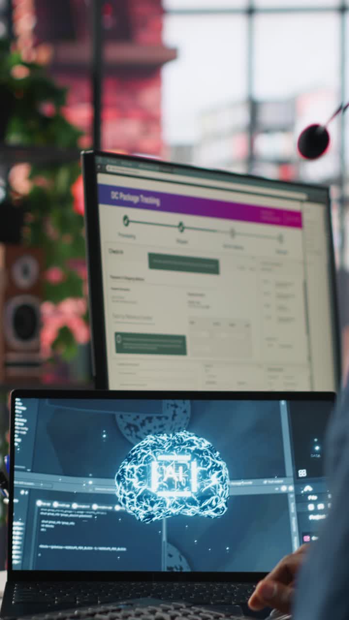 Vertical video Call center worker in office using AI chatbot to answer customer questions