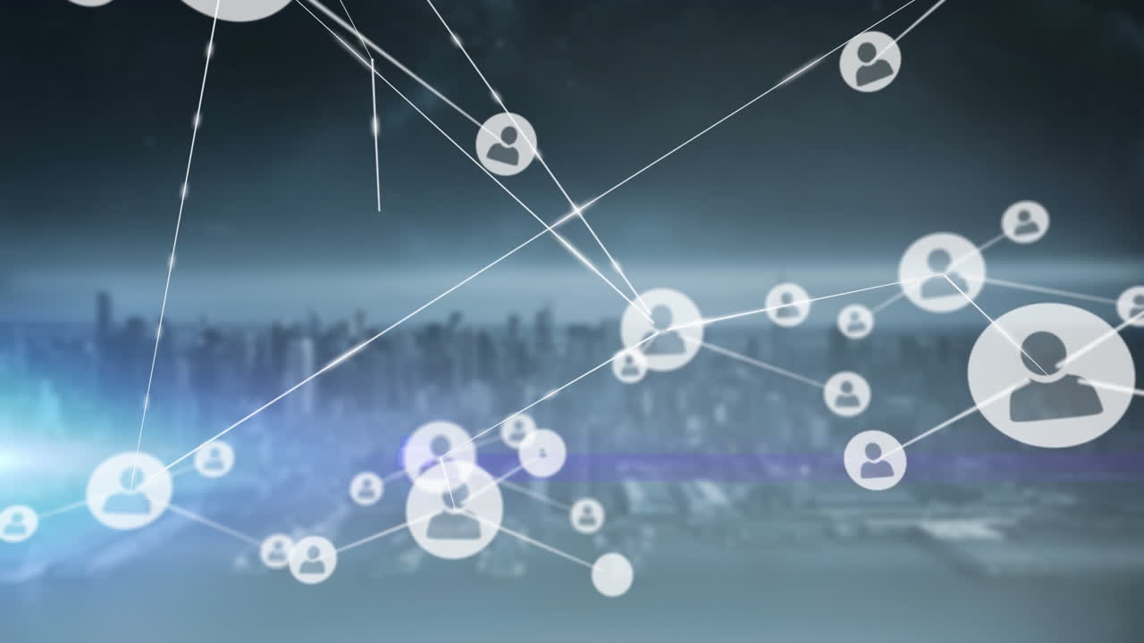 배경의 도시 풍경에 대한 연결 네트워크의 디지털 복합 비디오