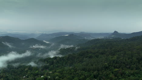 Vista-Aérea-Lejana-De-Una-Densa-Selva-Tropical,-Montañas-De-Vegetación-Y-Nubes-Brumosas,-Vistas-Reales-De-Munnar,-Kerala,-India.