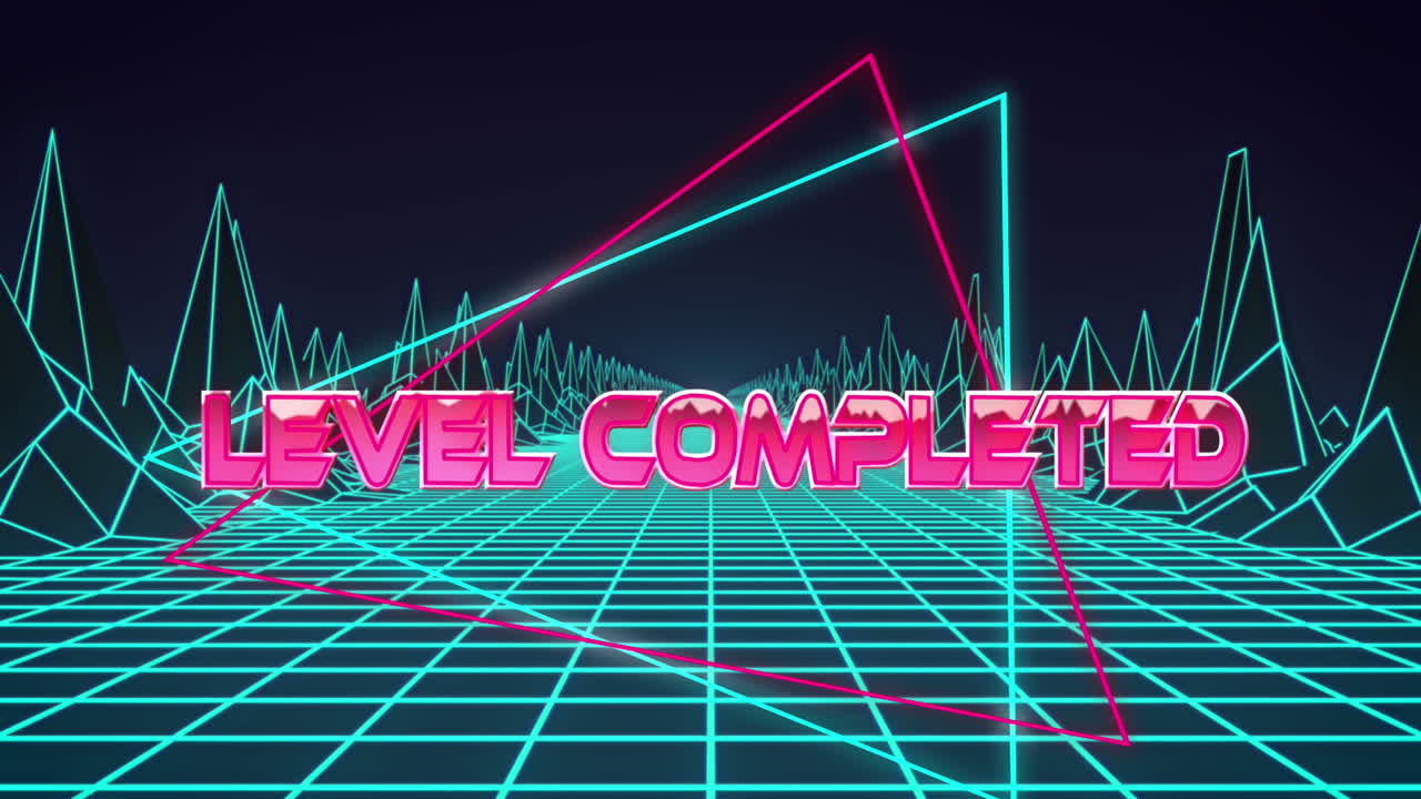 디지털 지형과 함께 그리드 위에 레벨 완료 된 텍스트의 애니메이션