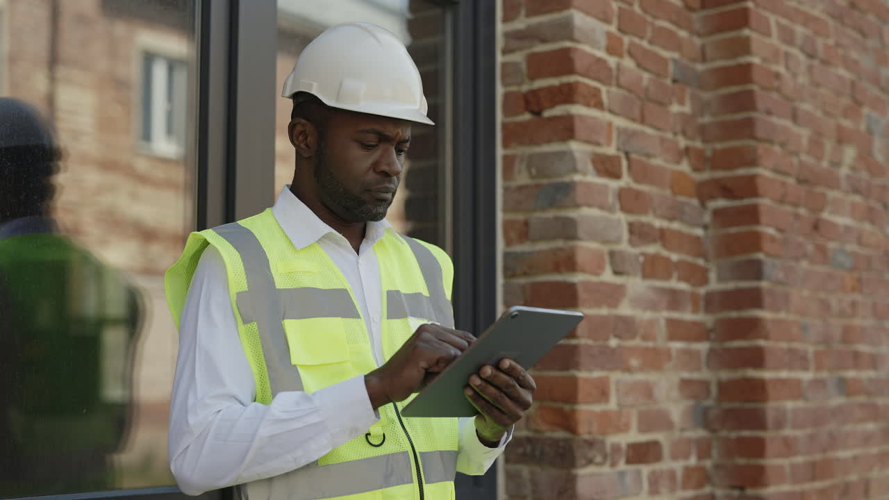 Construction worker using tablet on a construction site