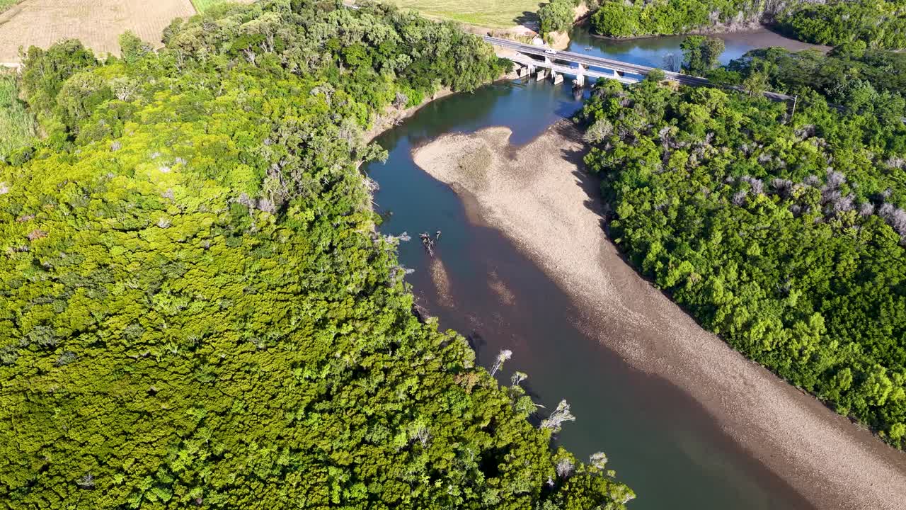 Drone footage captures a vibrant river winding through dense tropical greenery under bright daylight in Port Douglas