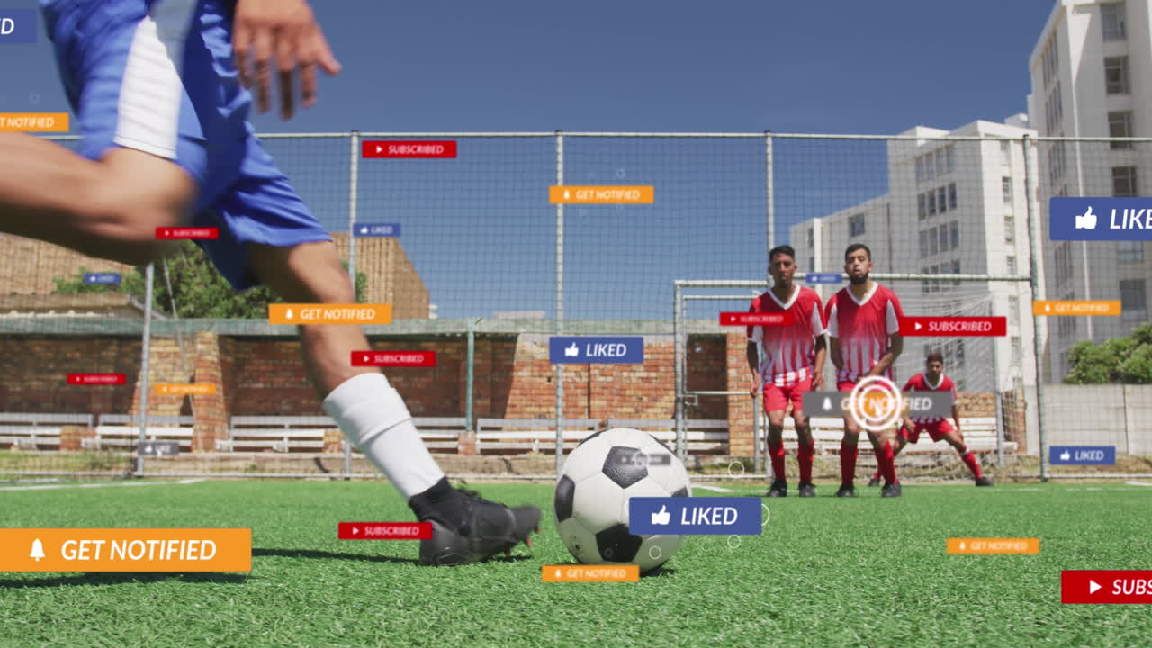 Animation of notification bars over diverse player kicking soccer ball and opponent defending goal