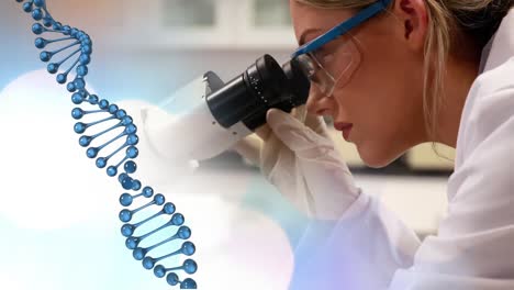 Animation-of-dna-strand-spinning-over-female-scientist-in-laboratory