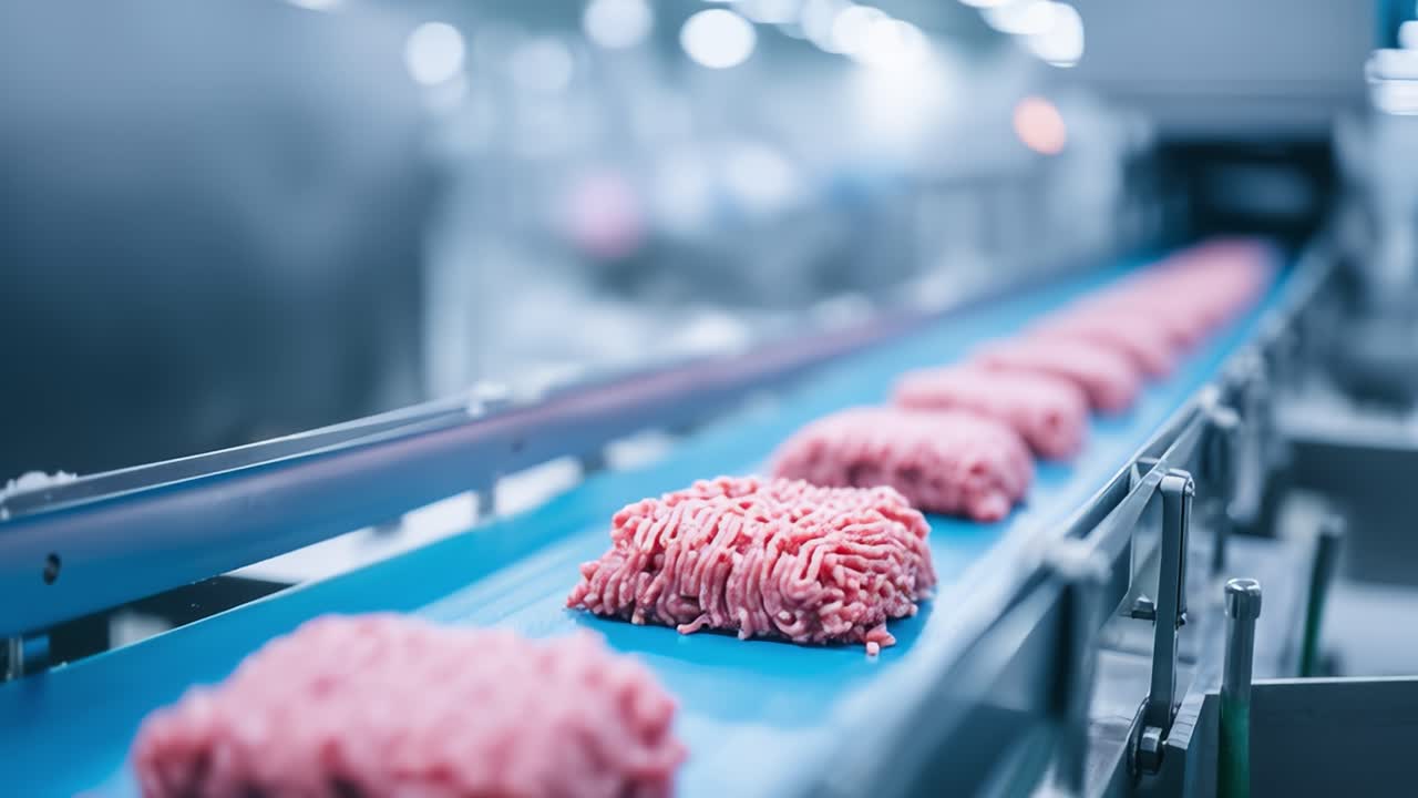 Automated production line for ground meat processing in factory