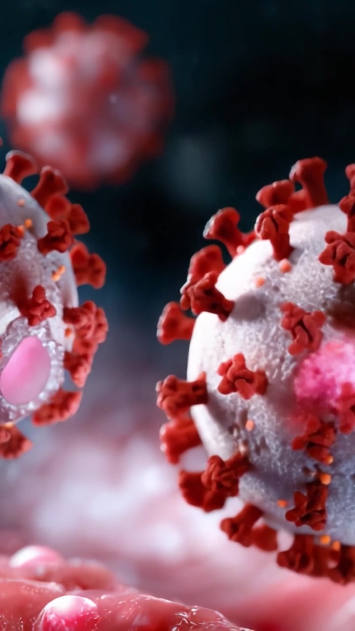 Visione Microscopica di Particelle Virali: Primo Piano Dettagliato della Struttura del Coronavirus Che Evidenzia le Proteine Spike e l'Interazione Cellulare in una Visualizzazione Scientifica
