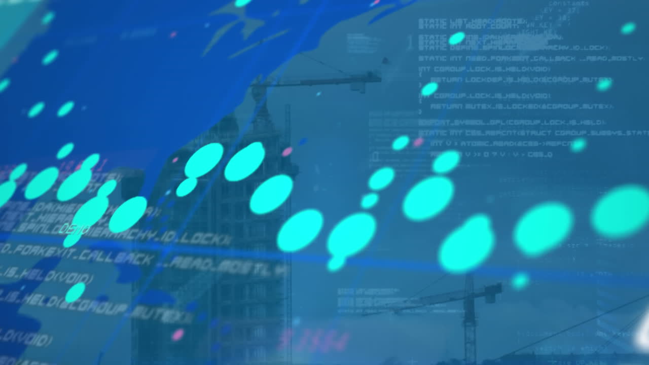 Animation of data processing over world map against tall buildings