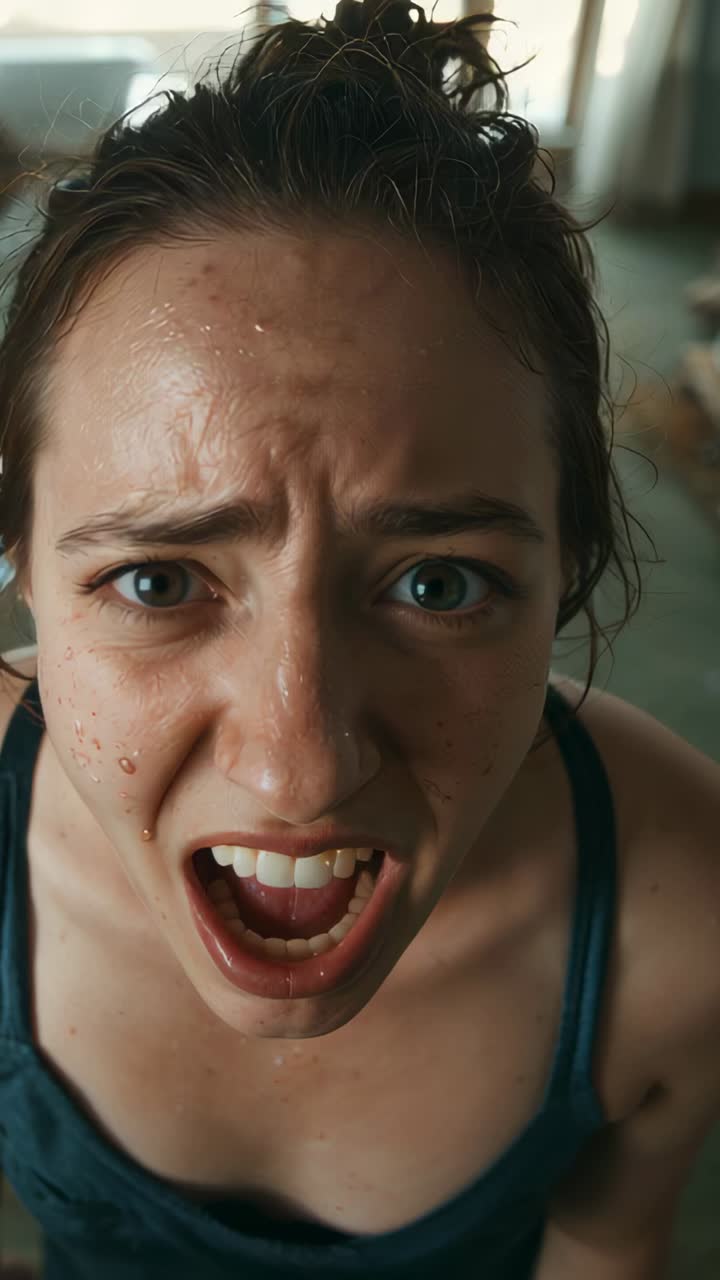 Vertical video: Camera moving in, woman leaning in shouting, pleading at home, navy tank, wet face