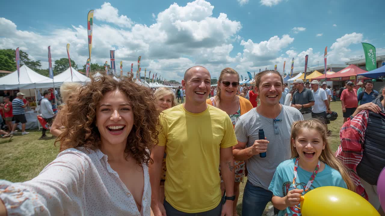 Raising woman holding phone, capturing group selfie at fair, with yellow tee and balloons