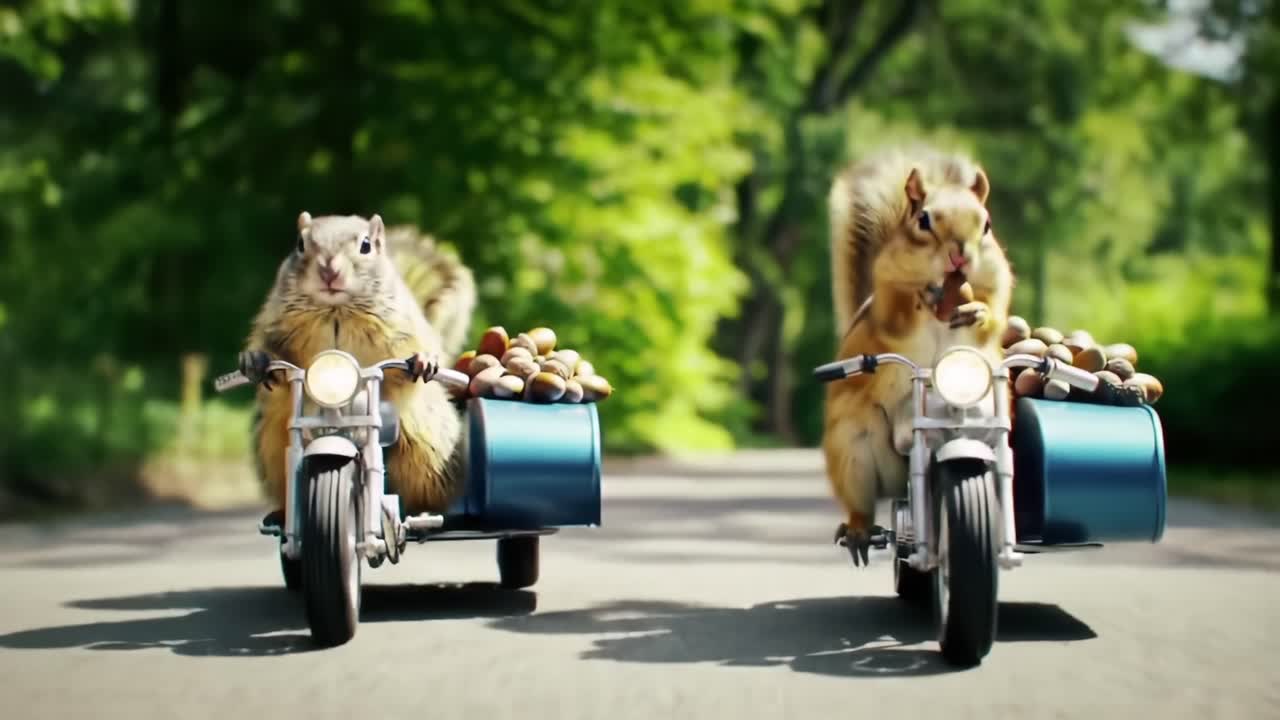 Adventurous Squirrels Joyfully Riding Motorcycles with Nut Baskets in a Lush Green Landscape, Showcasing Their Fun Spirit and Playful Nature in a Unique Setting