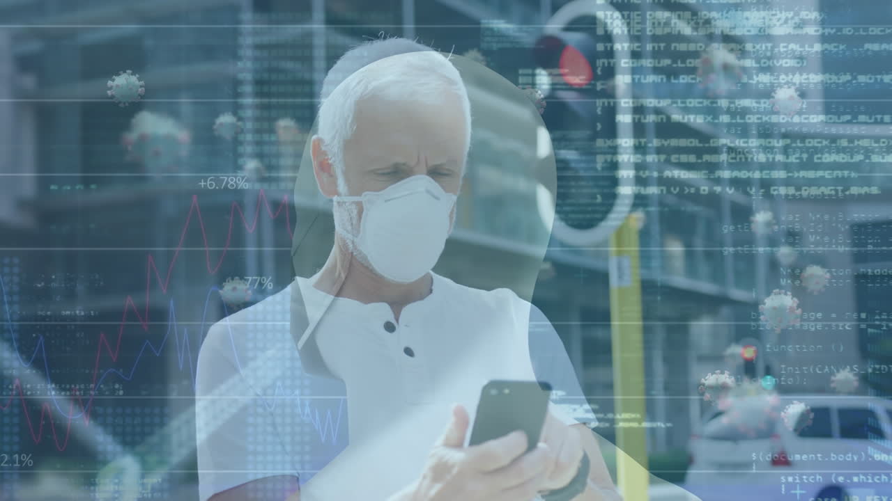 스마트폰을 사용하여 얼굴 마스크를 쓴 백인 남성에 대한 의료 데이터 처리 애니메이션