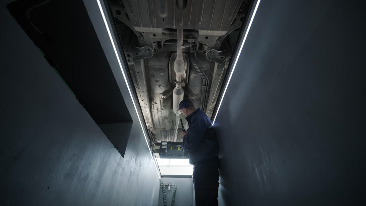 inspección del tren de aterrizaje del automóvil por parte de un mecánico