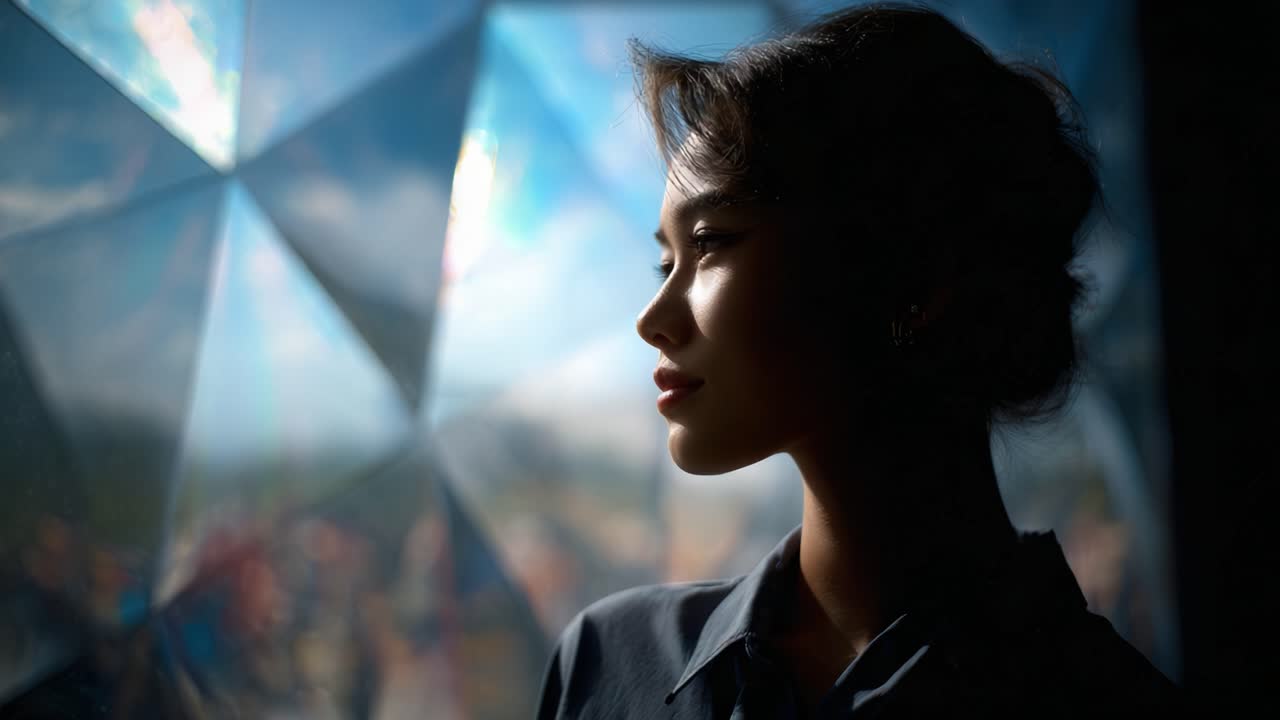 A Serene Silhouette of a Woman by a Geometric Window, Capturing the Play of Light and Shadows in an Artistic and Dreamy Atmosphere of Reflection