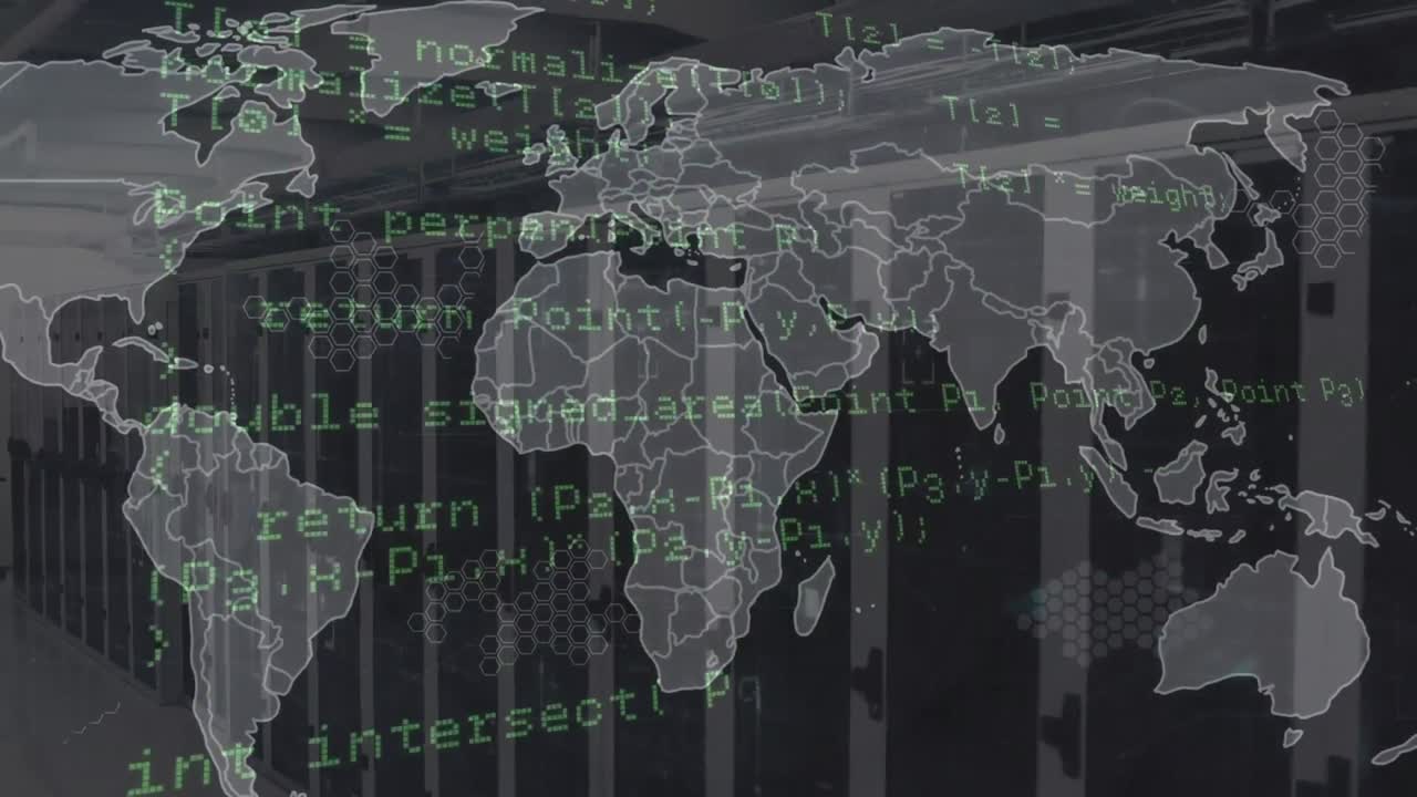 animación del mapa del mundo y procesamiento de datos contra la sala de servidores de computadoras.