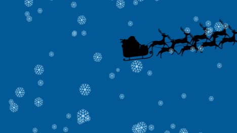 Animation-of-falling-snow-over-santa-claus-in-sleigh-with-reindeer