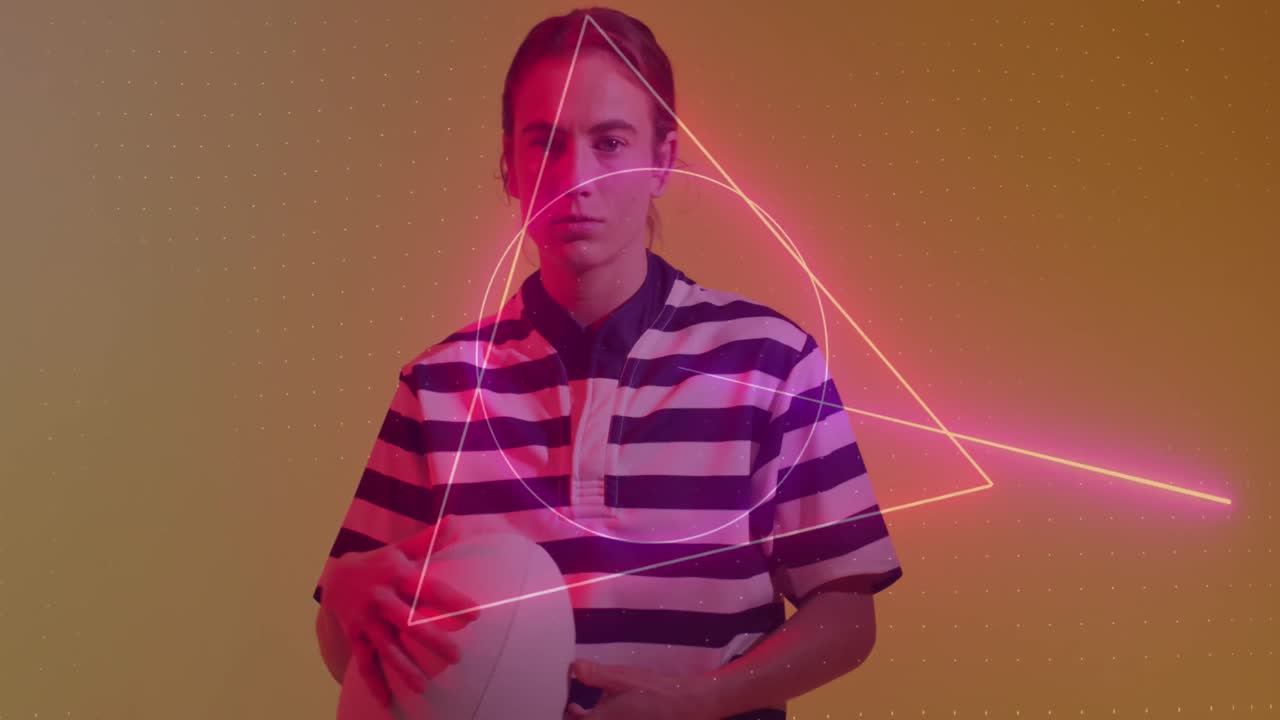 animación de un patrón de neón sobre una jugadora de rugby en un fondo de neón