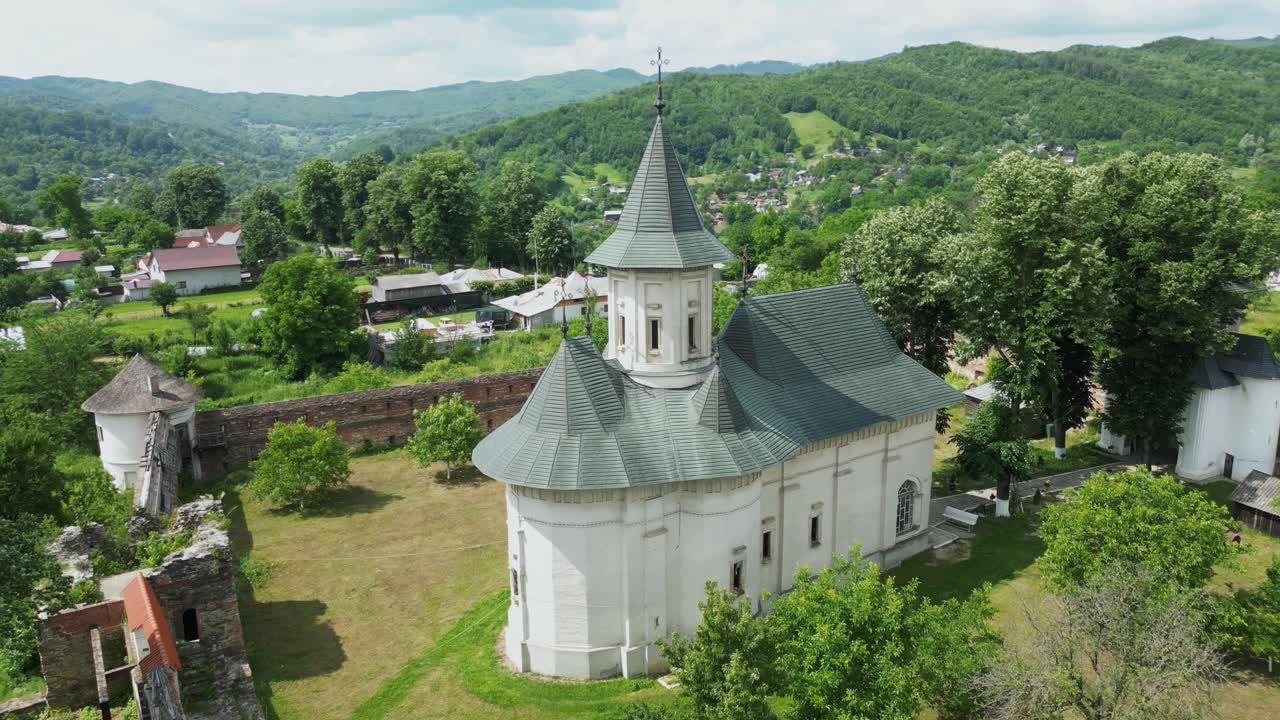 Mera Orthodox Monastery In The Village Of Mera, Vrancea County, Romania. Aerial Rotate Shot