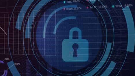 animation of digital data processing over padlock icon on black background