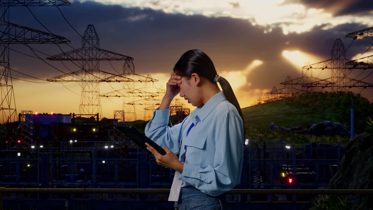 Side View Of An Asian Female Professional Worker Standing With Her Tablet Near High Voltage Tower, Industrial Facility, Checking With Dissapionted And Nodding Her Shead