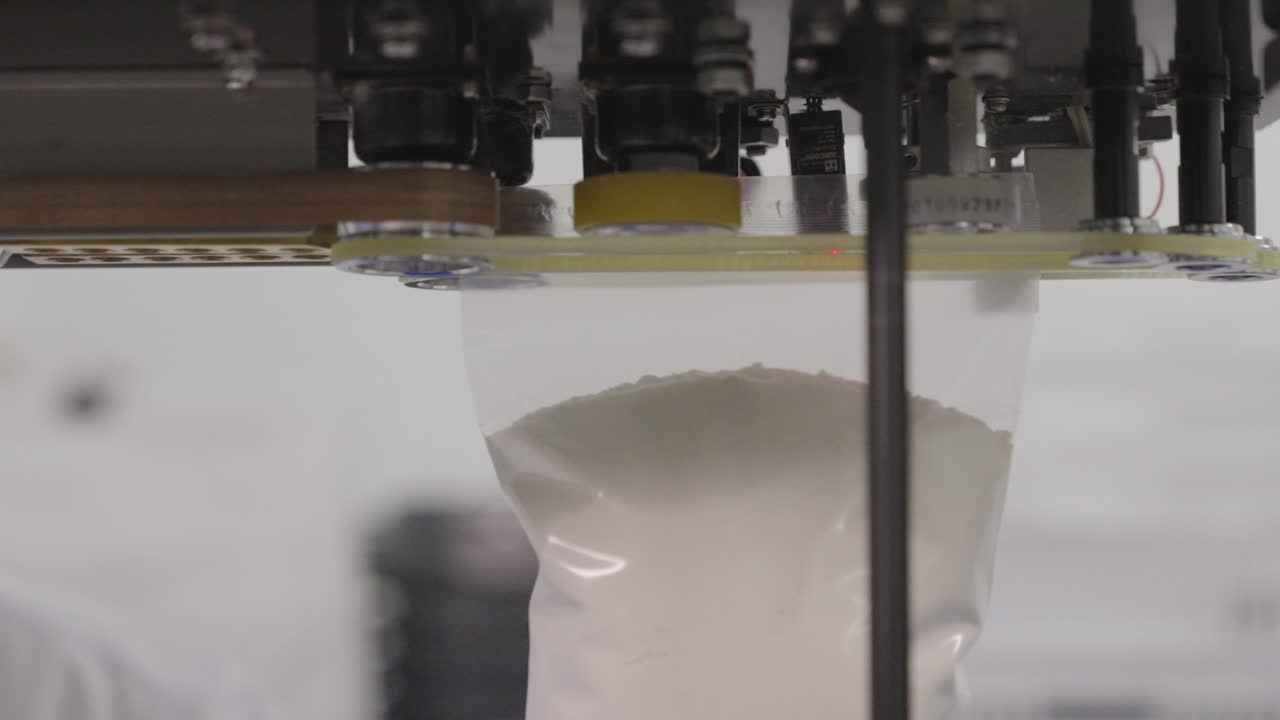 sellado de una bolsa con polvo blanco, máquina profesional de sellado de bolsas de plástico