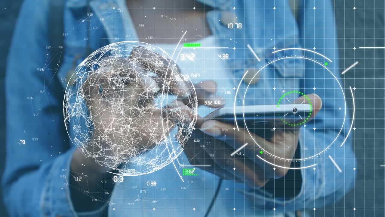 Animation of globe and data processing over african american woman using smartphone