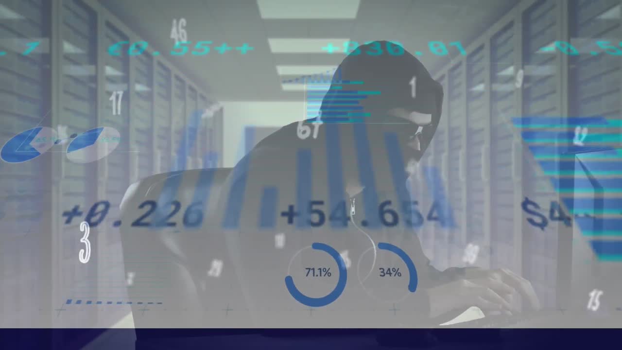 animación del procesamiento de datos financieros a través de un hacker utilizando una computadora