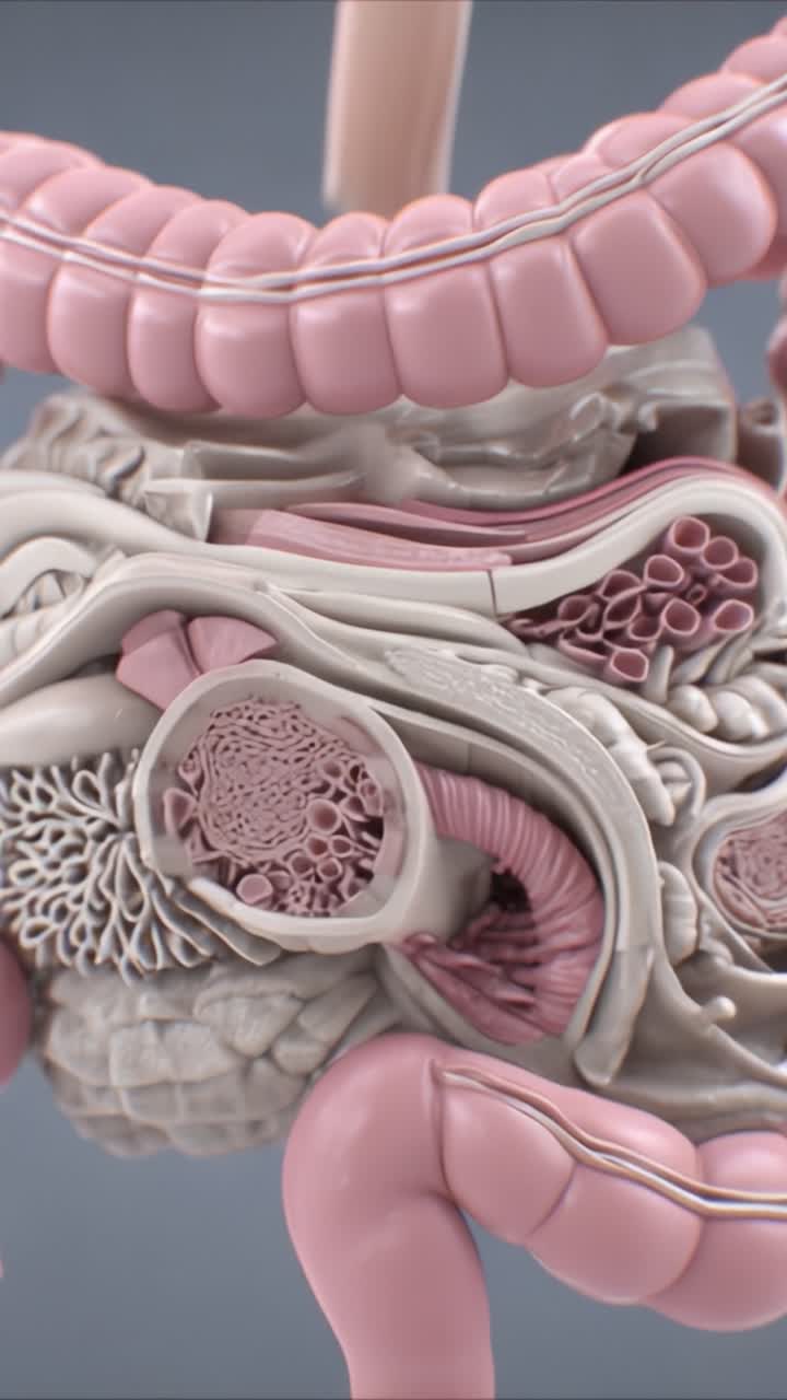 Detailed Anatomy Illustration of the Human Digestive System, Featuring the Intricate Structures of the Large and Small Intestines along with Associated Organs
