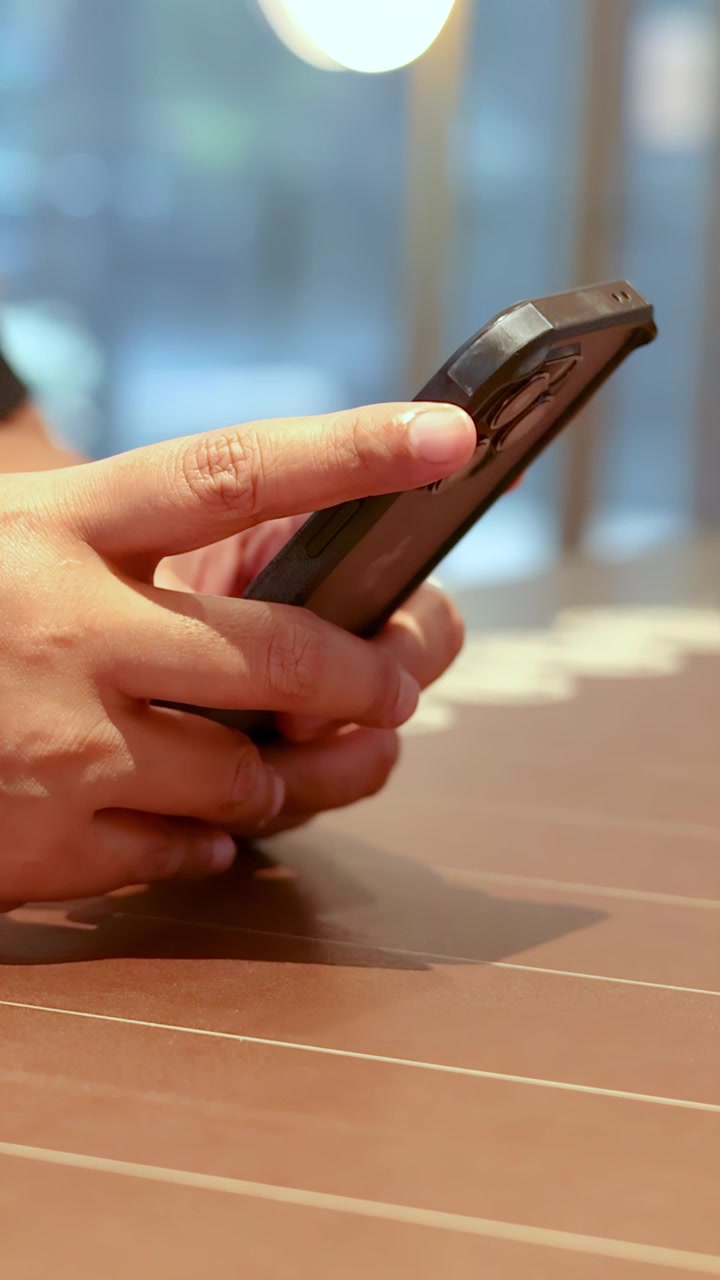 Primo piano di mani che tengono e scorrono su uno smartphone a un tavolo di un ristorante al chiuso
