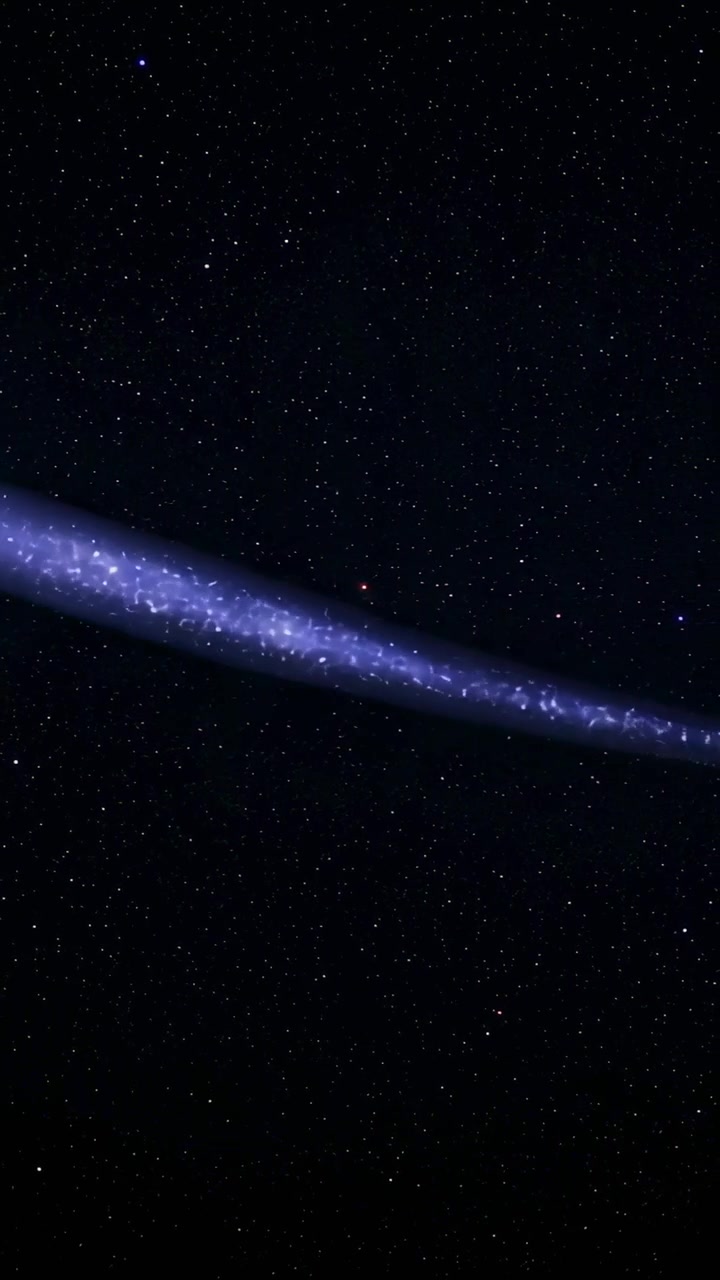 Vertical video: Growing curved blue stream glowing in space after left point flaring red dot near