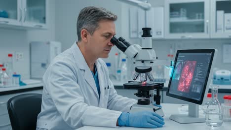 dedicated scientist examining samples under microscope in research laboratory, combining cutting-edge technology with precise observation for breakthrough discoveries