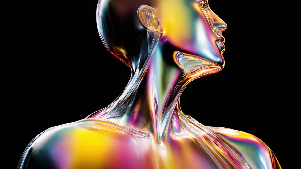 A Glorious Fusion of Color and Form: Capturing the Radiant Beauty of a Translucent Human Figure in Two Striking Frames, Highlighting its Elegant Features Against a Dark Background