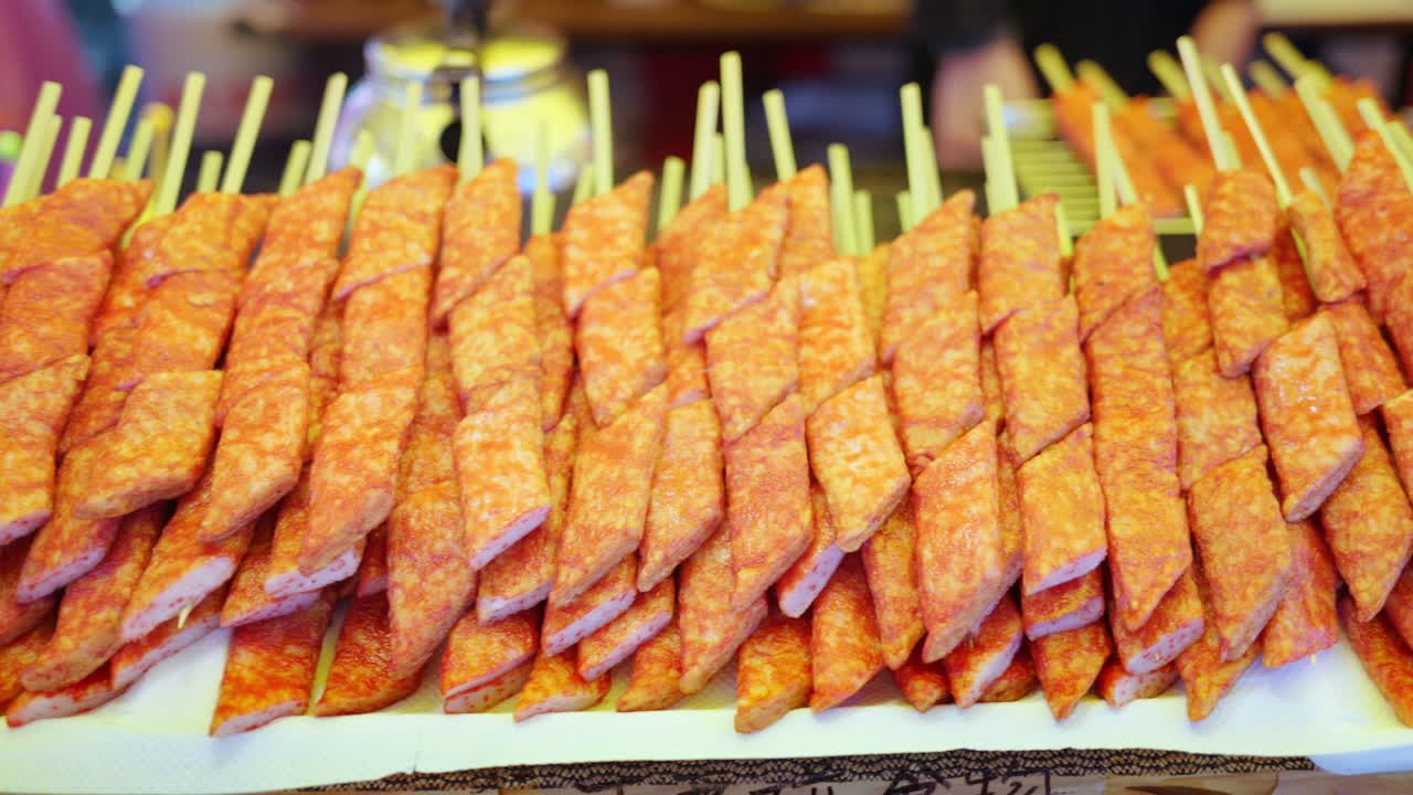Close up of crab meat skewers at a street food market in Japan