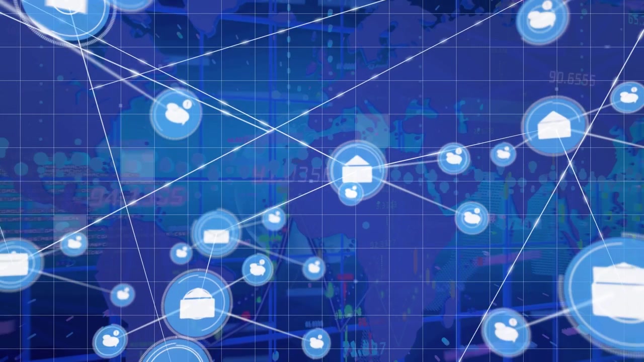 Animation of network of connections with icons over world map and data processing