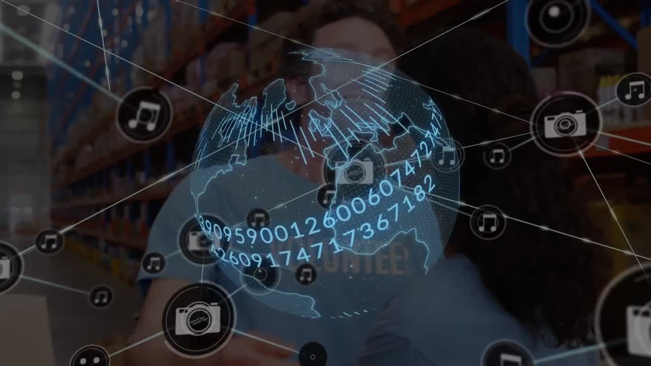 숫자, 연결된 카메라 및 음악 아이콘을 가진 지구상의 애니메이션 카우카시안 노동자들이 안고 있습니다.