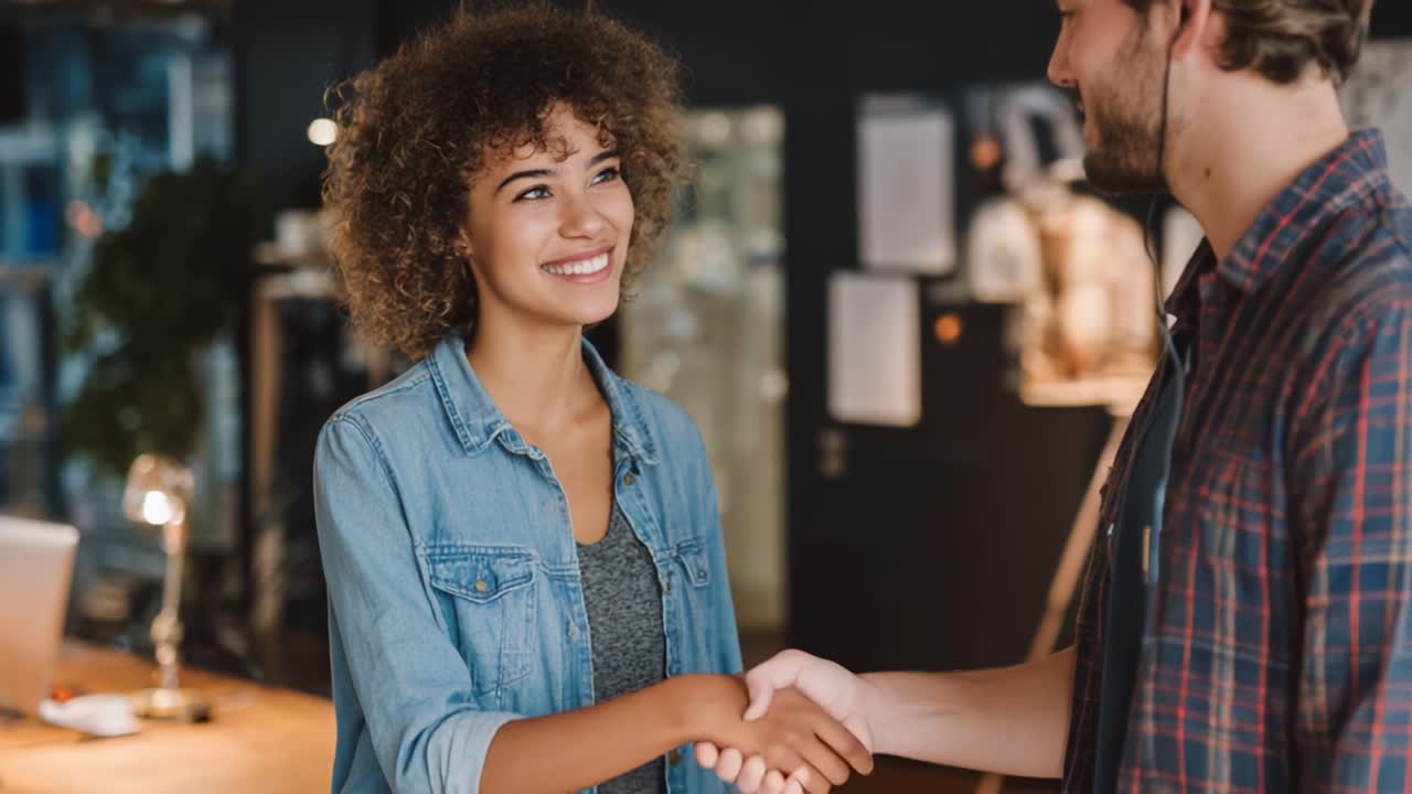 A Warm Handshake: Building Connections in a Professional Environment with a Friendly Smile and Engaging Conversation between Two Colleagues