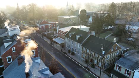 historic colonial homes line street in lititz pennsylvania during cold winter morning