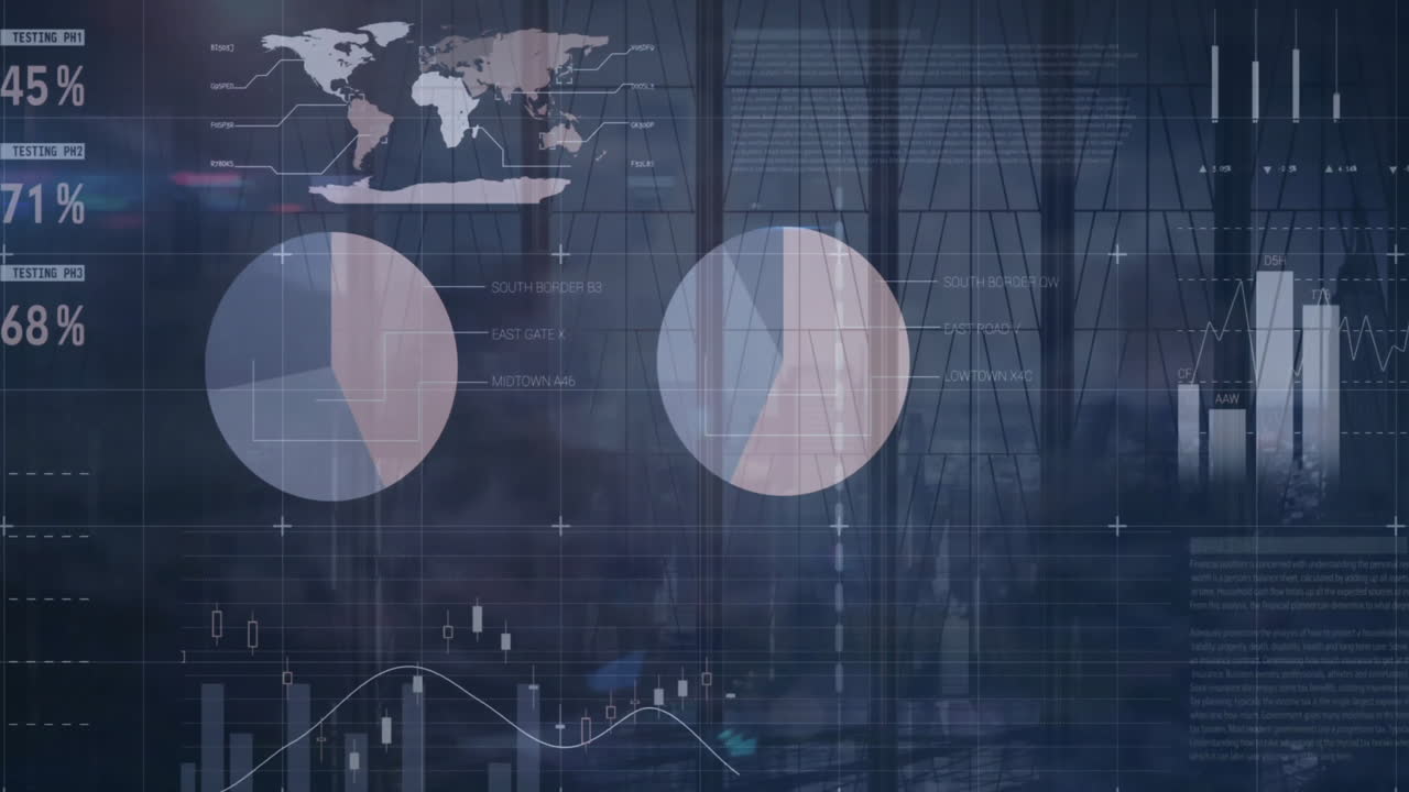Animation of financial data processing over people walking and cityscape