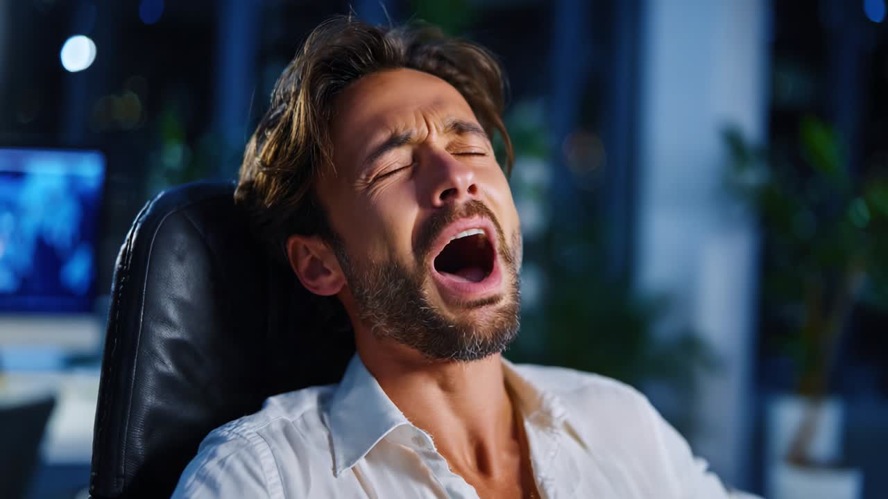A Man in a Chic Office Setting Experiences an Emotional Release While Seated, Captured in Two Distinct Frames - Expressing Feelings of Exhaustion and Bliss in a Busy Urban Environment