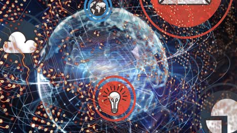 animación de circuitos integrados e iconos tecnológicos en todo el mundo con conexiones y fondo negro