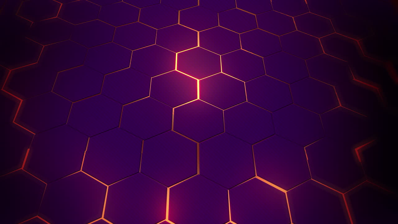 Technological glowing violet background with pattern honeycomb shapes. Futuristic surface concept with glowing lava hexagons. Seamless loop.
