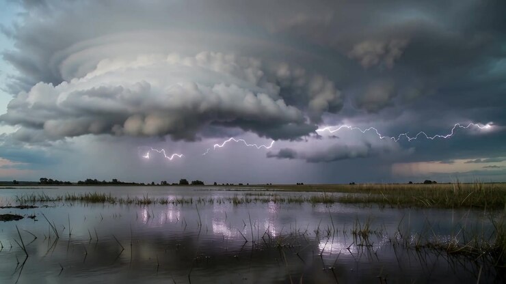 Releasing charge buildup, shelf cloud sending horizontal lightning over marsh, reflecting reeds