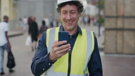 portrait happy construction worker man using smartphone video chatting blowing kiss engineer talking on mobile phone wearing safety helmet reflective clothing in city slow motion