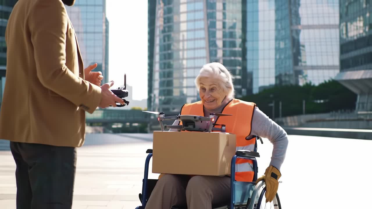 An Empowered Elderly Woman Delivers Packages Using a Drone While in a Wheelchair, Showcasing Innovative Solutions for Accessibility in Modern Urban Life