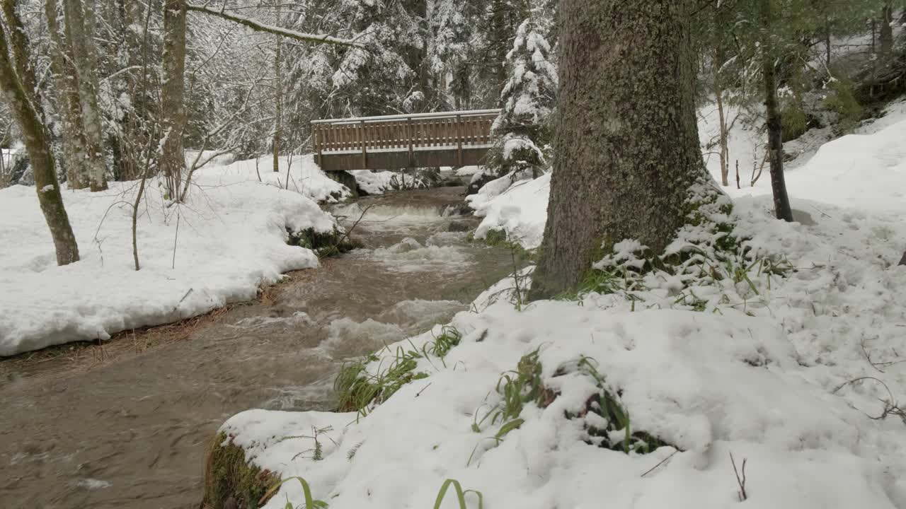 Ponte di legno su un ruscello gorgogliante con neve in inverno