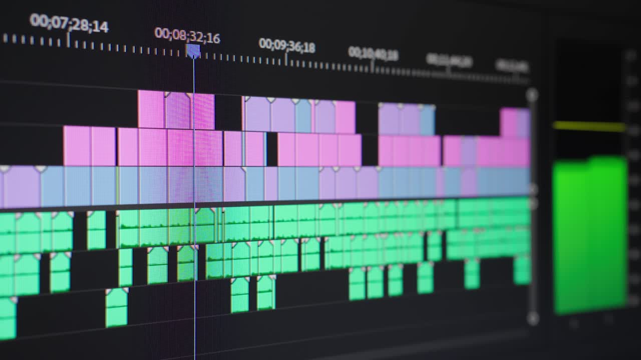 Video editing. Playhead moving through the timeline. Audio level meter in the background. Screen close up
