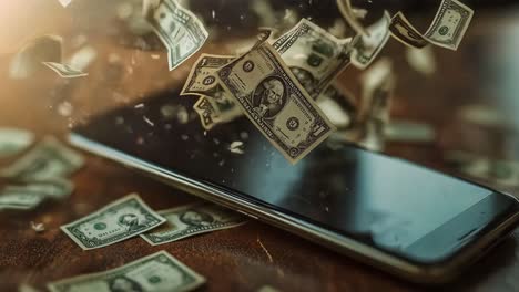 money falling on a smartphone