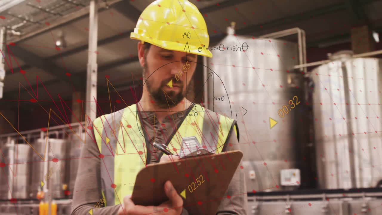 Animation of mathematical equations and data over caucasian male worker writing on clipboard
