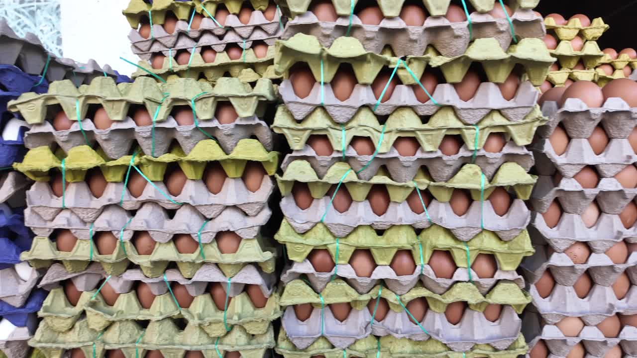 Many Stacks of Fresh Brown and White Eggs in Cardboard Cartons