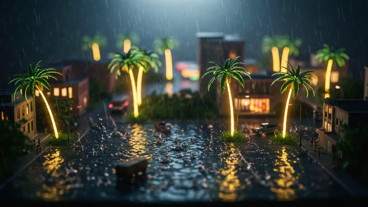 A Captivating Night Scene of a Miniature City Amidst a Rainfall, Featuring Lush Palm Trees, Glowing Lights, and Reflections in the Water, Evoking a Serene Yet Dynamic Atmosphere